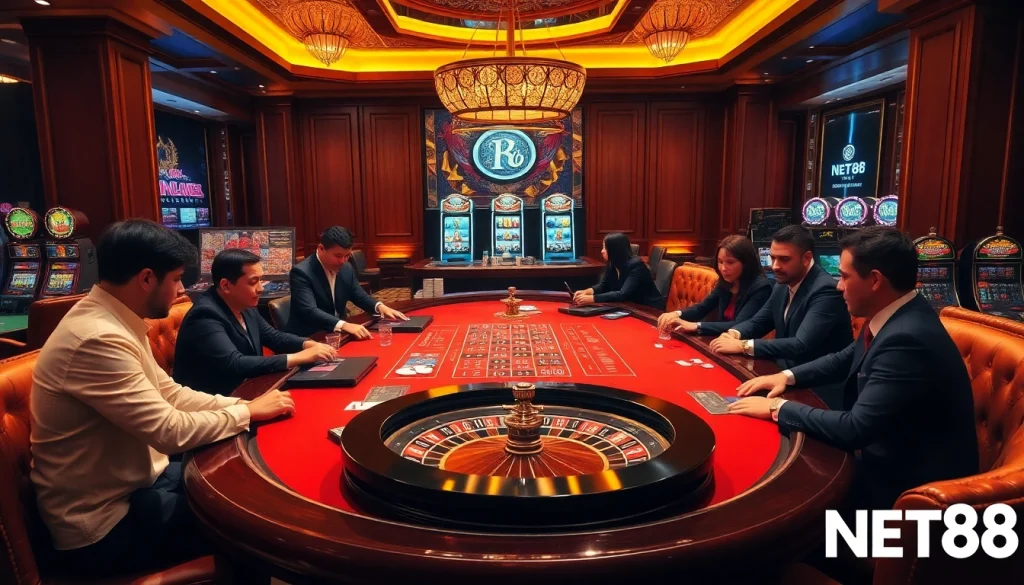NET88 casino players engaging in high-stakes poker and roulette games with vibrant atmosphere.