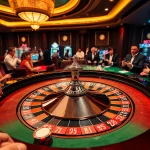 Gamblers placing bets on the luxurious Roo99 roulette table at a high-end casino.