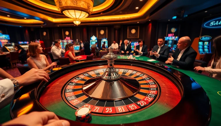 Gamblers placing bets on the luxurious Roo99 roulette table at a high-end casino.