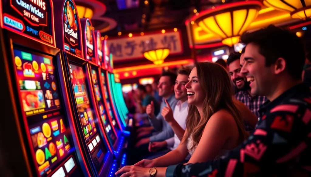 Exciting doaslot gaming scene with diverse players celebrating wins at vibrant slot machines.