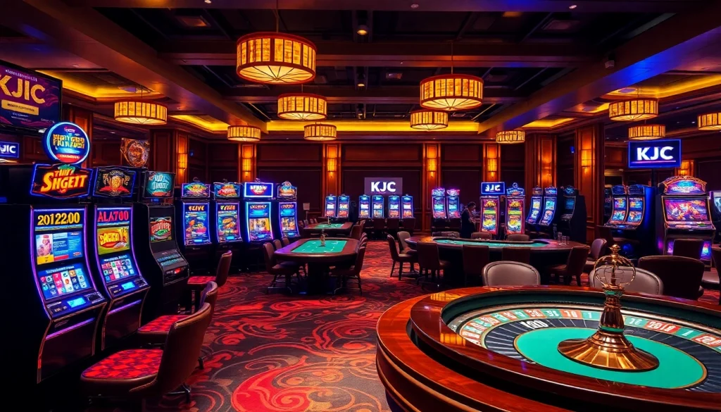 Players enjoying a thrilling experience at KJC casino tables with vibrant slot machines.