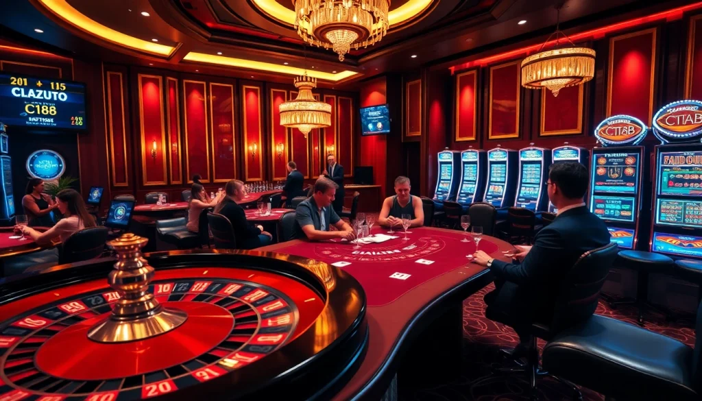 Players engaging with C168-themed games at an upscale casino, showcasing excitement and luxury.