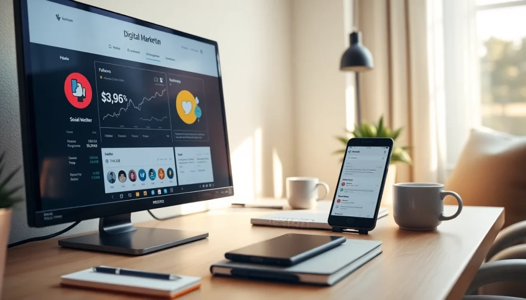 Engaging workspace depicting follow in dm process with social media analytics and smartphone.