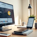 Engaging workspace depicting follow in dm process with social media analytics and smartphone.