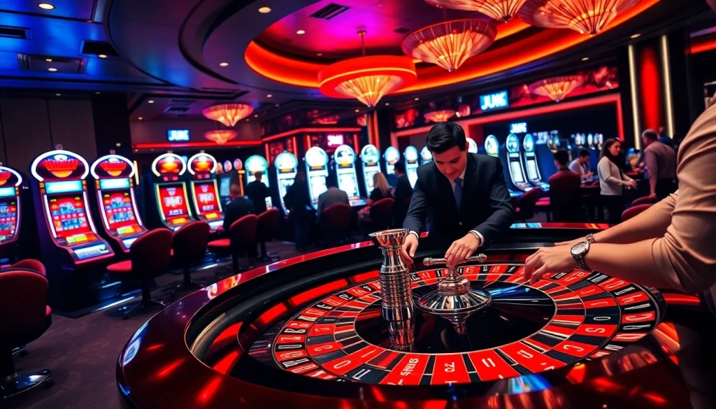 Engaging gambling scene at Jun 88 casino with roulette, chips, and players focused on excitement.