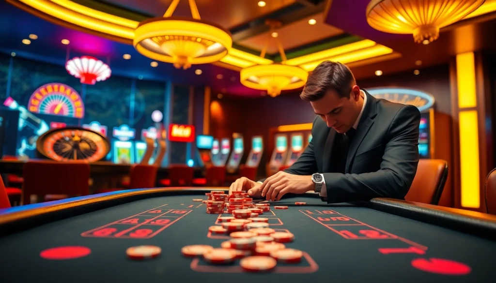 Experience exciting gaming action at lc88 casino with vibrant slot machines and a high-stakes poker table.