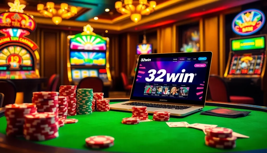 32win gambling scene with poker chips and slot machines in a luxurious casino.