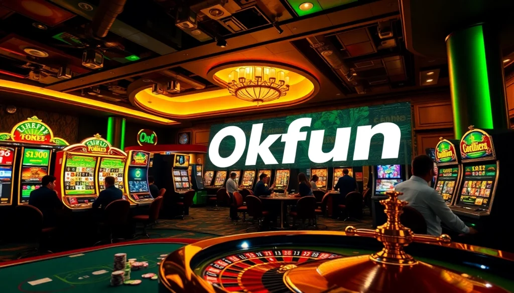Play thrilling games at Okfun Casino, featuring colorful slot machines and players placing bets.