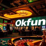 Play thrilling games at Okfun Casino, featuring colorful slot machines and players placing bets.