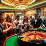 Engaged gamblers strategizing at a vibrant casino table, showcasing the excitement of Roo99.