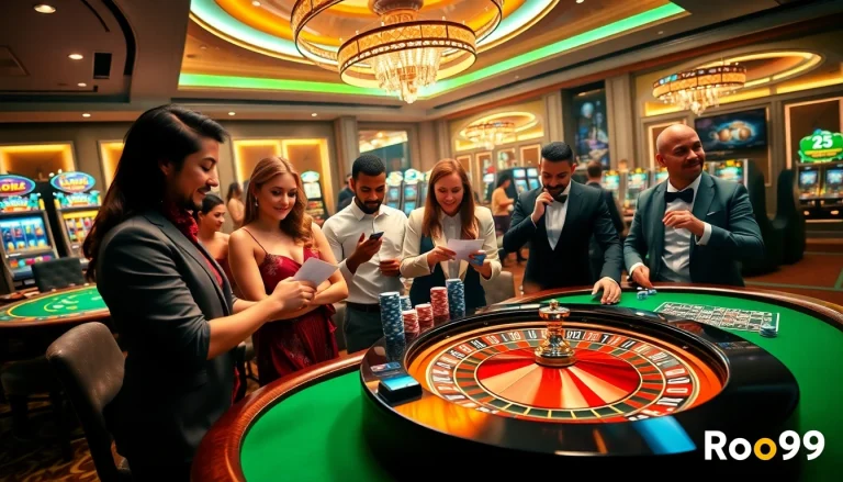 Engaged gamblers strategizing at a vibrant casino table, showcasing the excitement of Roo99.