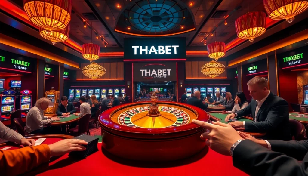 Engaging casino scene at THABET with excited players and vibrant roulette wheel.