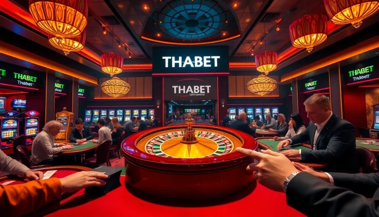 Engaging casino scene at THABET with excited players and vibrant roulette wheel.