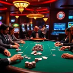 Win55 poker players engaged in an intense game at a luxurious casino table.