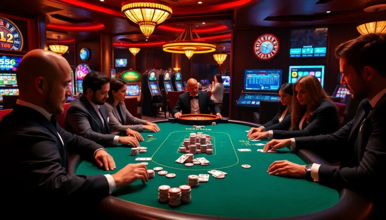 Win55 poker players engaged in an intense game at a luxurious casino table.