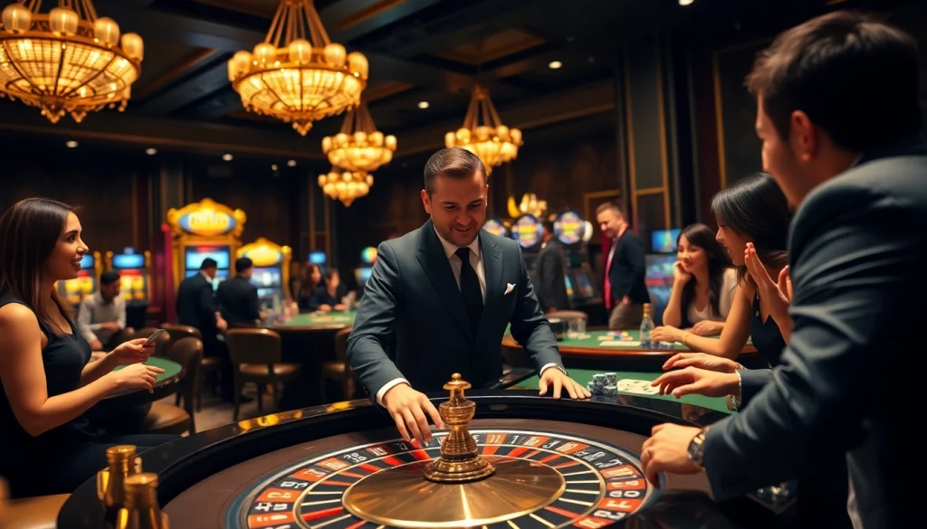 Players enjoying a thrilling game with AX88 poker chips and cards at an elegant casino table.