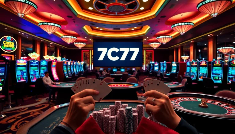 Excited players enjoying casino action at 7C77 one with vibrant gaming tables and machines.