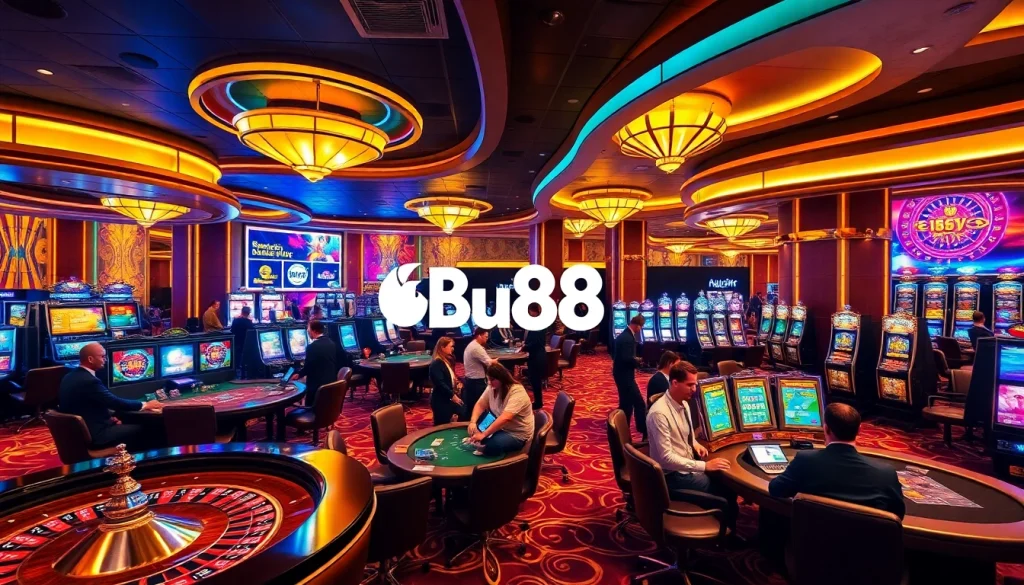 Boost your winning strategies at Bu88 with vibrant casino gaming tables and slot machines.