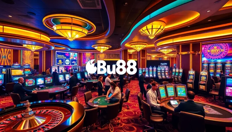 Boost your winning strategies at Bu88 with vibrant casino gaming tables and slot machines.