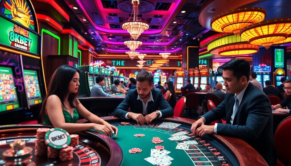 Excited gamblers enjoying games at an 8KBET casino, showcasing luxury and energy in gameplay.