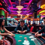 Excited gamblers enjoying games at an 8KBET casino, showcasing luxury and energy in gameplay.