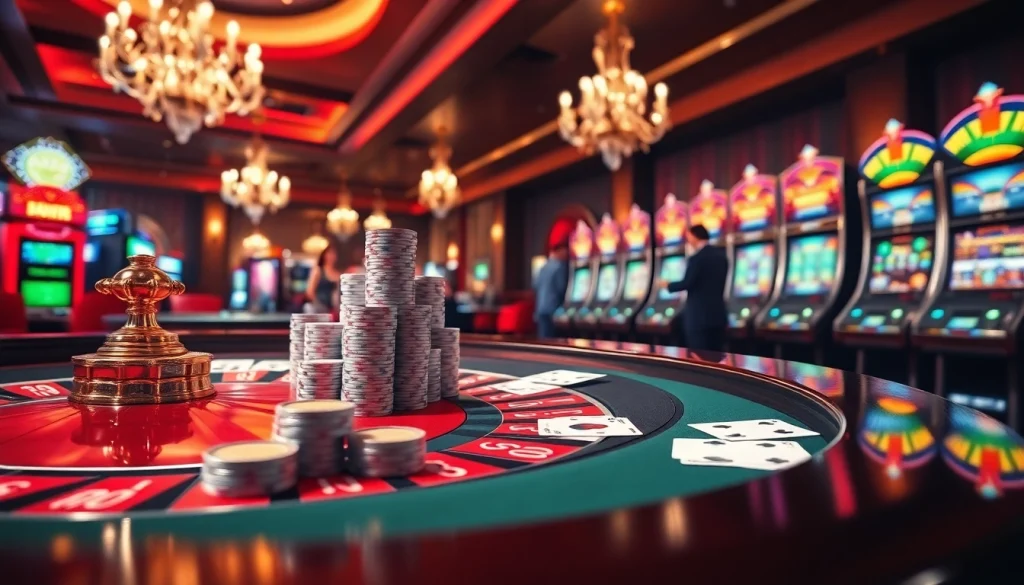 Experience the excitement of high-stakes gambling at https://23win8b.com/ with a luxurious casino scene showcasing roulette, cards, and chips.