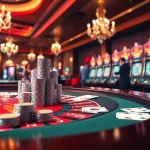 Experience the excitement of high-stakes gambling at https://23win8b.com/ with a luxurious casino scene showcasing roulette, cards, and chips.