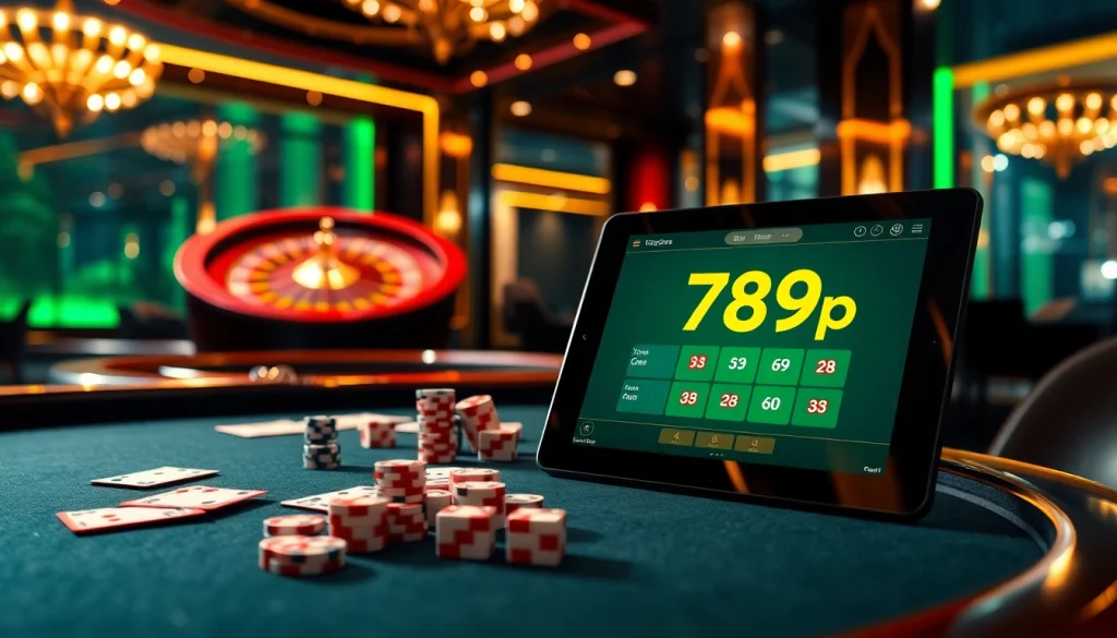 Gaming excitement at 789p with vibrant casino tables, poker chips, and a roulette wheel in action.