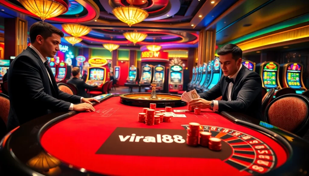 Engage with exhilarating casino action at viral88 featuring thrilling poker gameplay with vibrant chips and roulette.