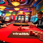 Engage with exhilarating casino action at viral88 featuring thrilling poker gameplay with vibrant chips and roulette.