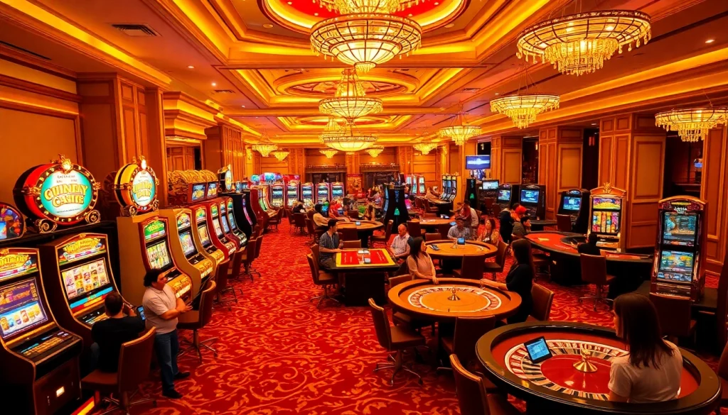 Players enjoying the exciting gaming experience at https://luck8r1.com casino floor with vibrant slot machines.