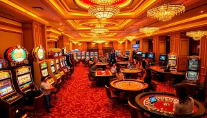 Players enjoying the exciting gaming experience at https://luck8r1.com casino floor with vibrant slot machines.