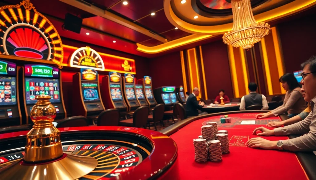 Pahala4d players enjoying an exciting casino atmosphere with roulette and slot machines.