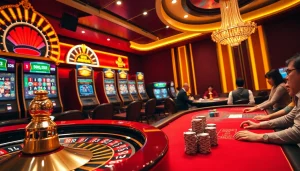 Pahala4d players enjoying an exciting casino atmosphere with roulette and slot machines.