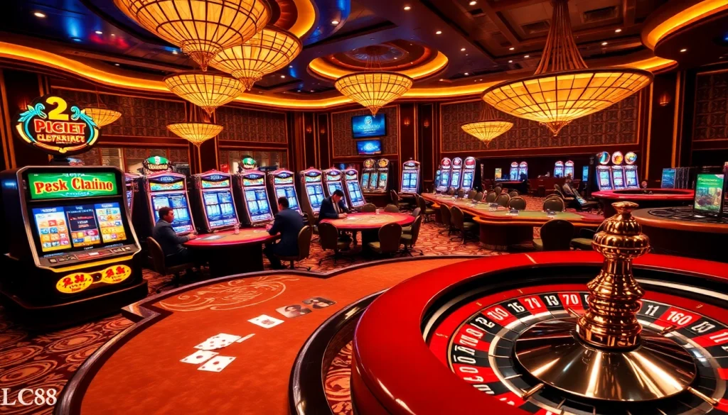 Players enjoying an exciting game at LC88 casino with vibrant tables and slot machines.