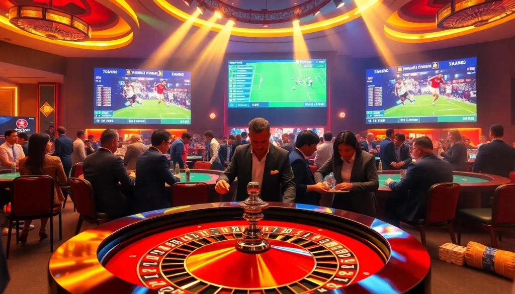 Tỷ lệ bóng đá 7m featured in an energetic casino scene with players at a roulette table.