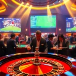 Tỷ lệ bóng đá 7m featured in an energetic casino scene with players at a roulette table.