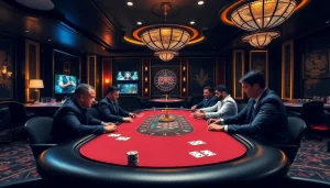 i9bet table games action with vibrant chips and cards in a luxurious casino setting.