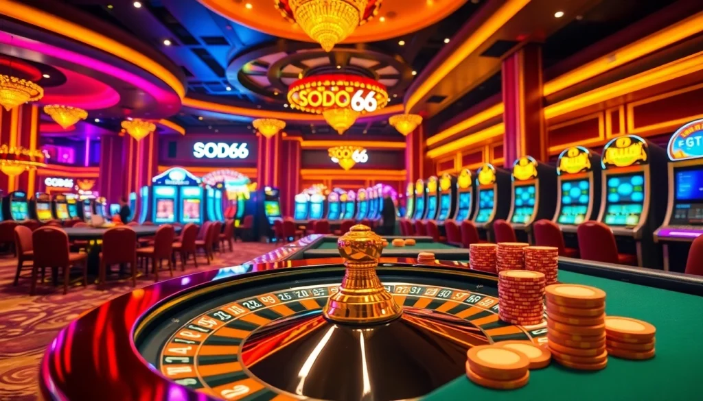 SODO66 casino scene showcasing vibrant roulette and slot games, inviting players to join the action.