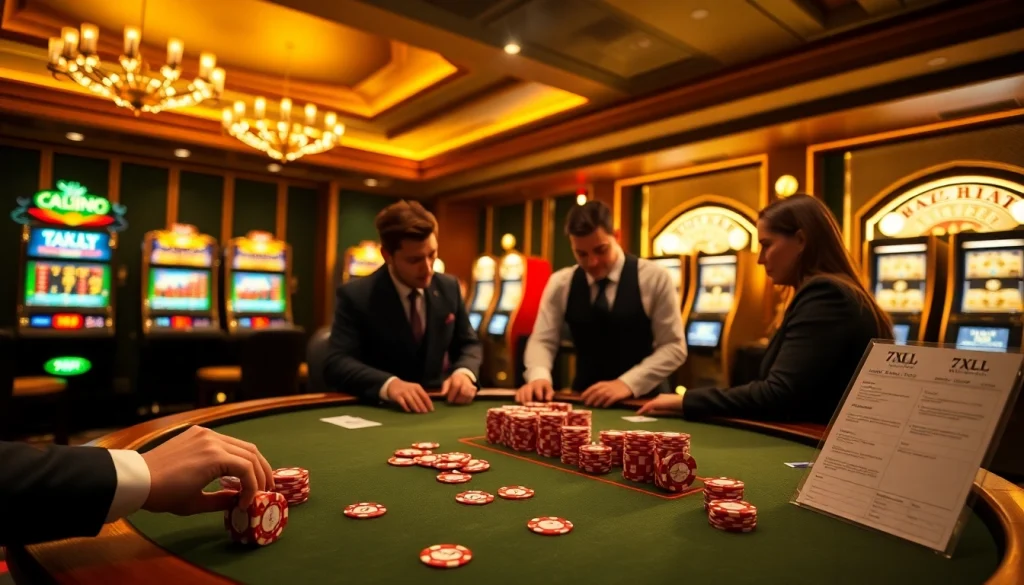 Engaging in a thrilling 7xl poker game in a luxurious casino setting with stylish decor.