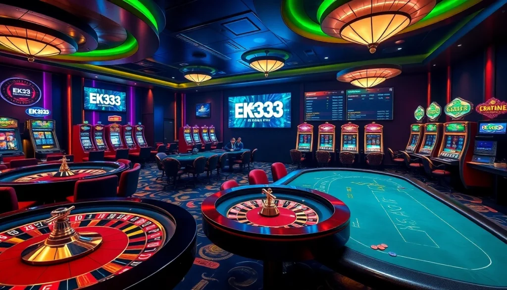 Experience thrilling gameplay at EK333 casino with luxurious slot machines and poker tables.