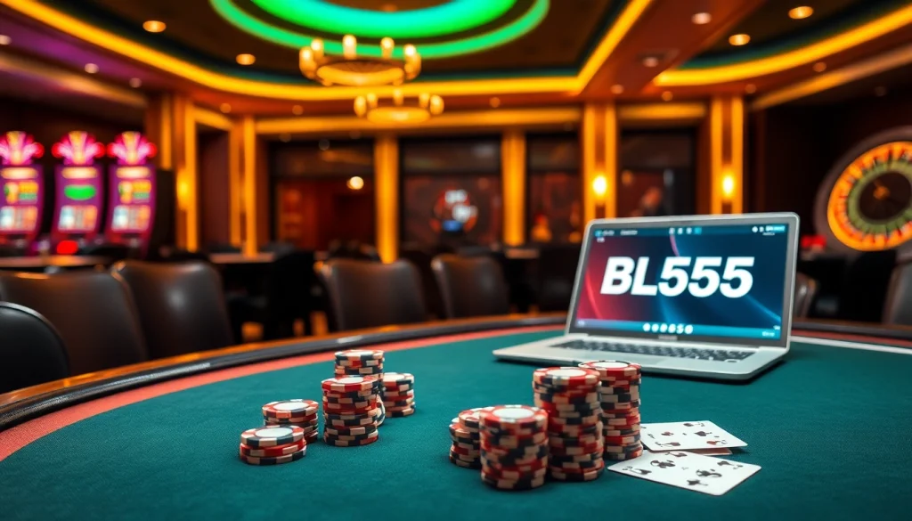 Engage in high-stakes poker at the luxurious BL555 casino with vibrant chips and a stylish atmosphere.