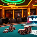 Engage in high-stakes poker at the luxurious BL555 casino with vibrant chips and a stylish atmosphere.