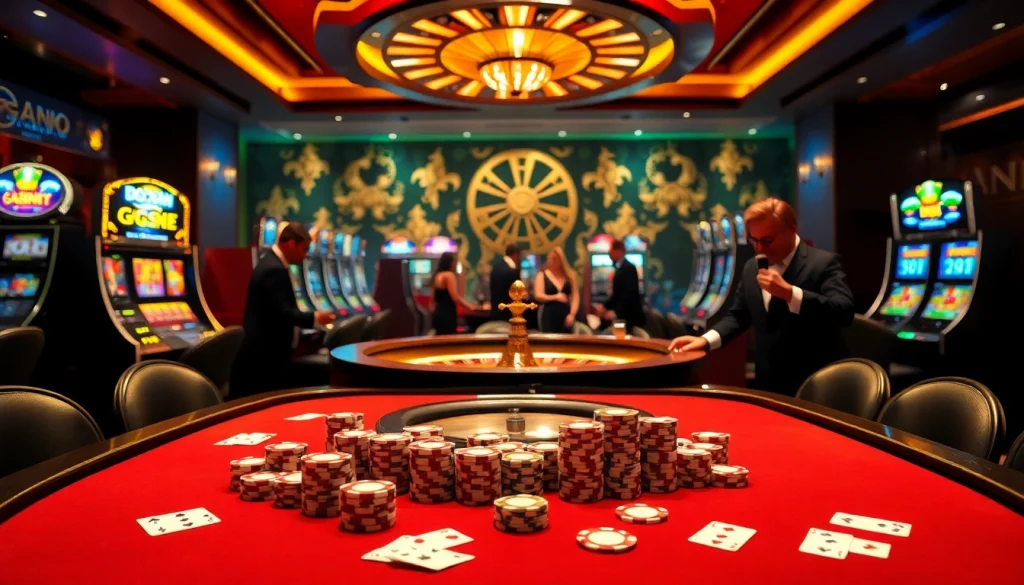 Exciting casino atmosphere at GG88 Com with poker tables, vibrant slot machines, and roulette wheels.