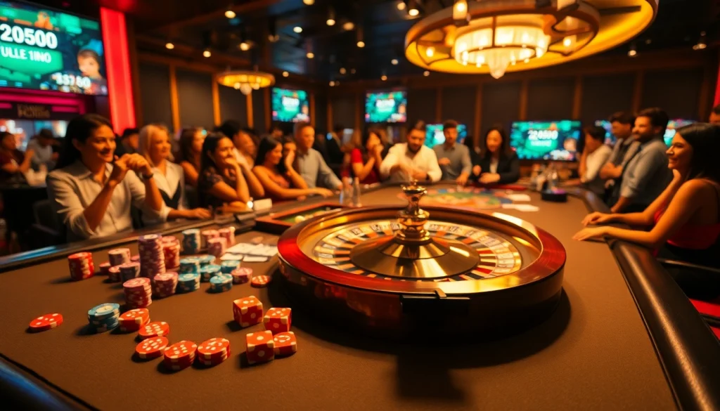 The exciting atmosphere of gambling at https://fly88.deal/ with vibrant cards, colorful chips, and a roulette wheel.