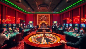 Exciting casino atmosphere showcasing xin88 with roulette, poker tables, and Las Vegas-style slot machines.