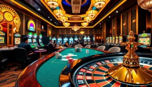 Engaging players at a luxurious casino table with elements from https://rr88co.net/, showcasing poker excitement.