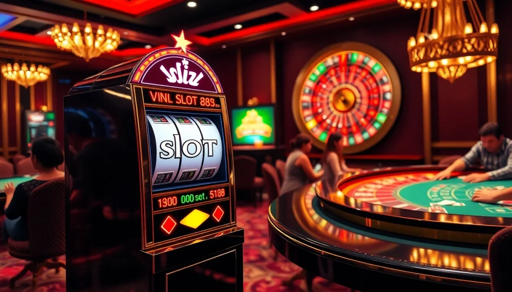 Exciting slot88 machine sparks joy at a luxury casino table with players enjoying games.