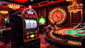 Exciting slot88 machine sparks joy at a luxury casino table with players enjoying games.