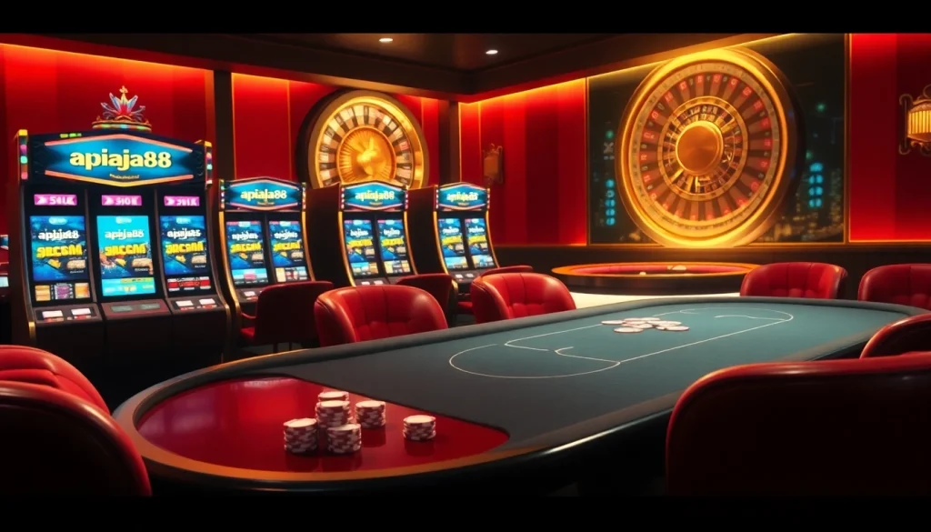 Experience high-stakes gambling with apiraja88 featuring luxurious poker tables and vibrant slot machines.